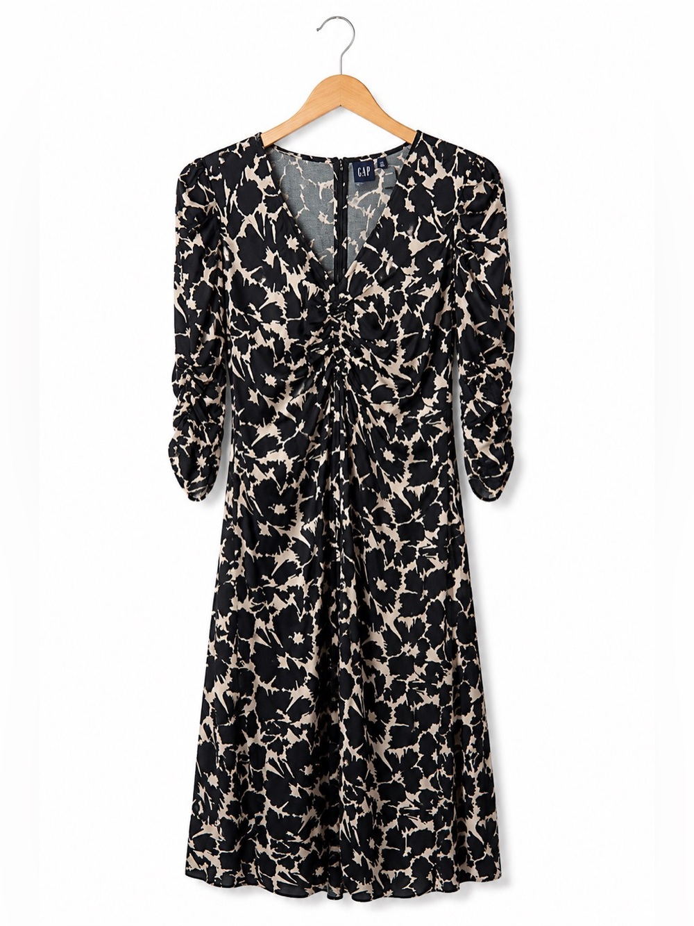 GAP Floral Midi Dress Black Cream Ruched V Neck Long Sleeve Wedding Guest S